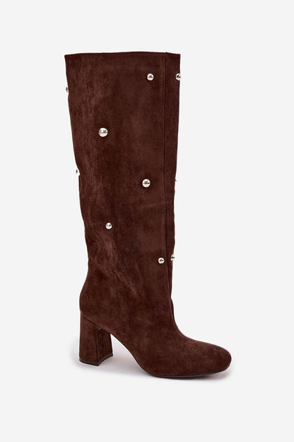 Stylish Women's Faux Suede Boots, featuring an 8cm column heel and decorative details, designed by Step in Style for chic autumn-winter fashion.