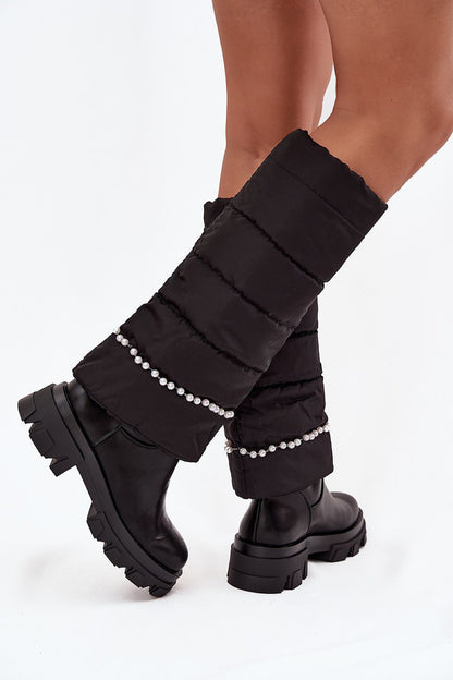 Luxurious stylish women's thigh-high boots made from eco leather and textile by Step in Style, featuring a rounded toe design and embellished with subtle beads, perfect for elegant winter looks.