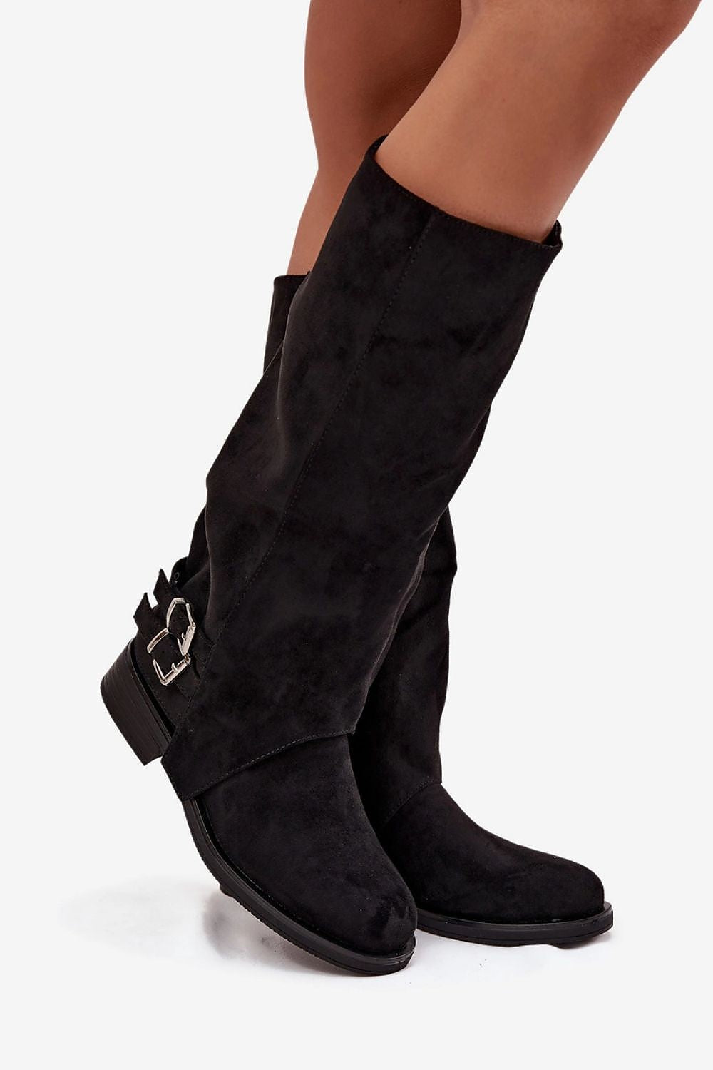 Stylish Eco Suede Thigh-High Boots from Step in Style, showcasing luxurious decorative straps, a chic side zipper, and perfect fit for EU sizes 36-41, ideal for fashionable women.