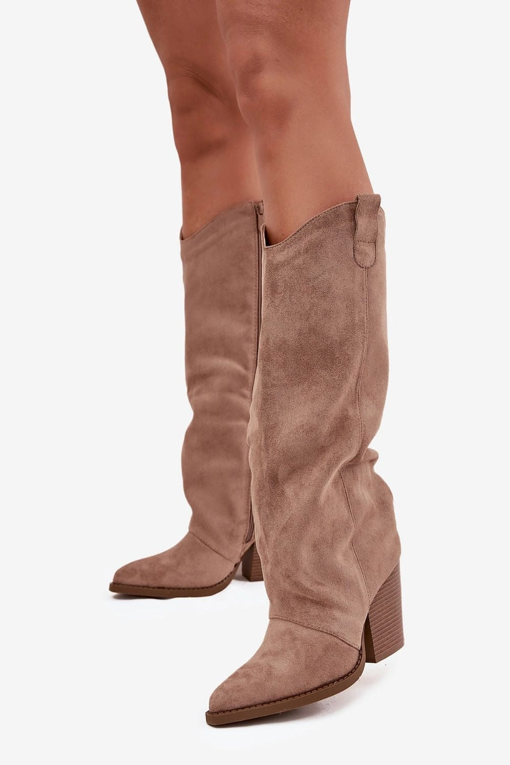 Chic women's cowboy-style heel boots in eco-suede by Step in Style, with an 8.5 cm chunky heel and western-inspired design, perfect for elevating casual or formal outfits.