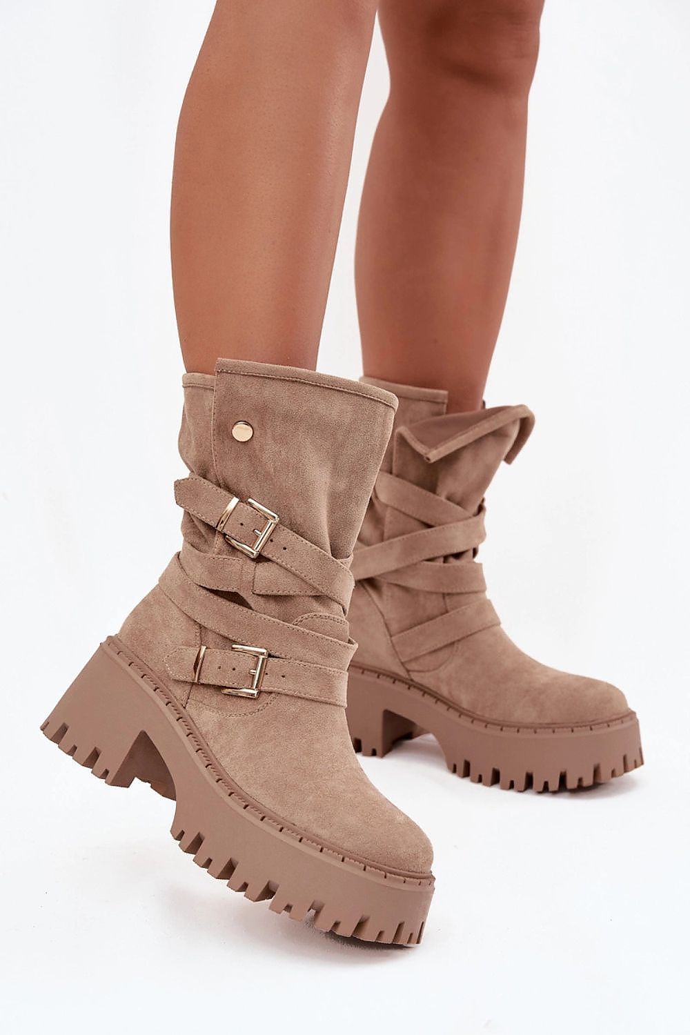 Luxurious women's ankle boots by Step in Style, crafted from eco suede with a 7cm heel and embellished with gold buckles.