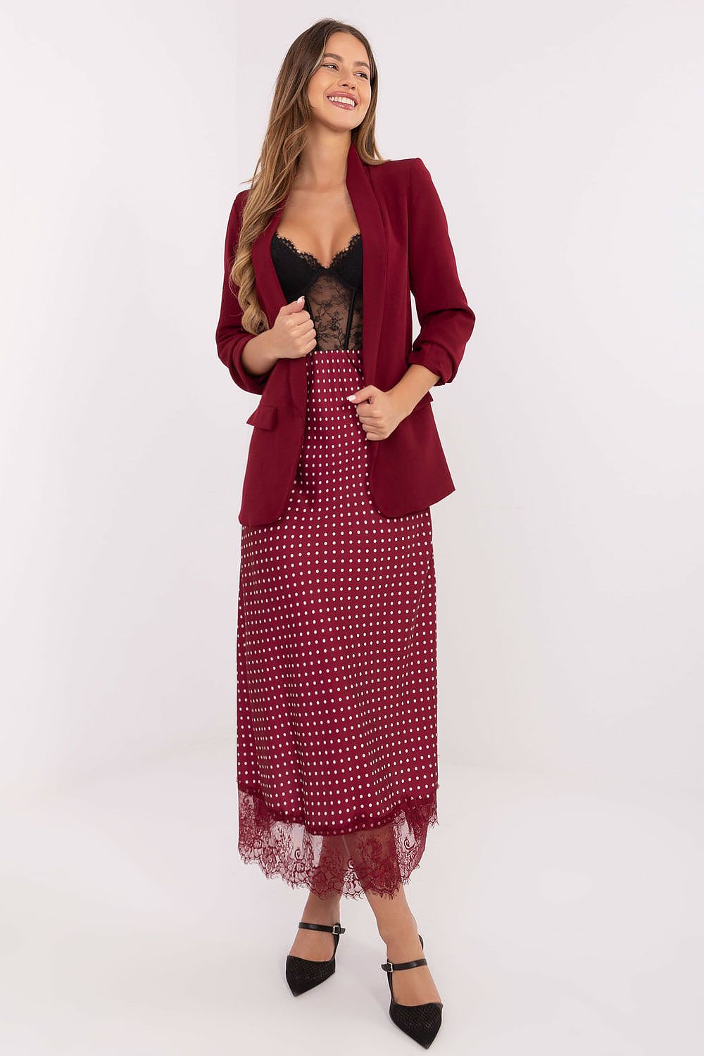 Elegant MIDI skirt by Rue Paris featuring delicate lace detail and a charming polka dot pattern, designed for a comfortable fit in size EU 0.