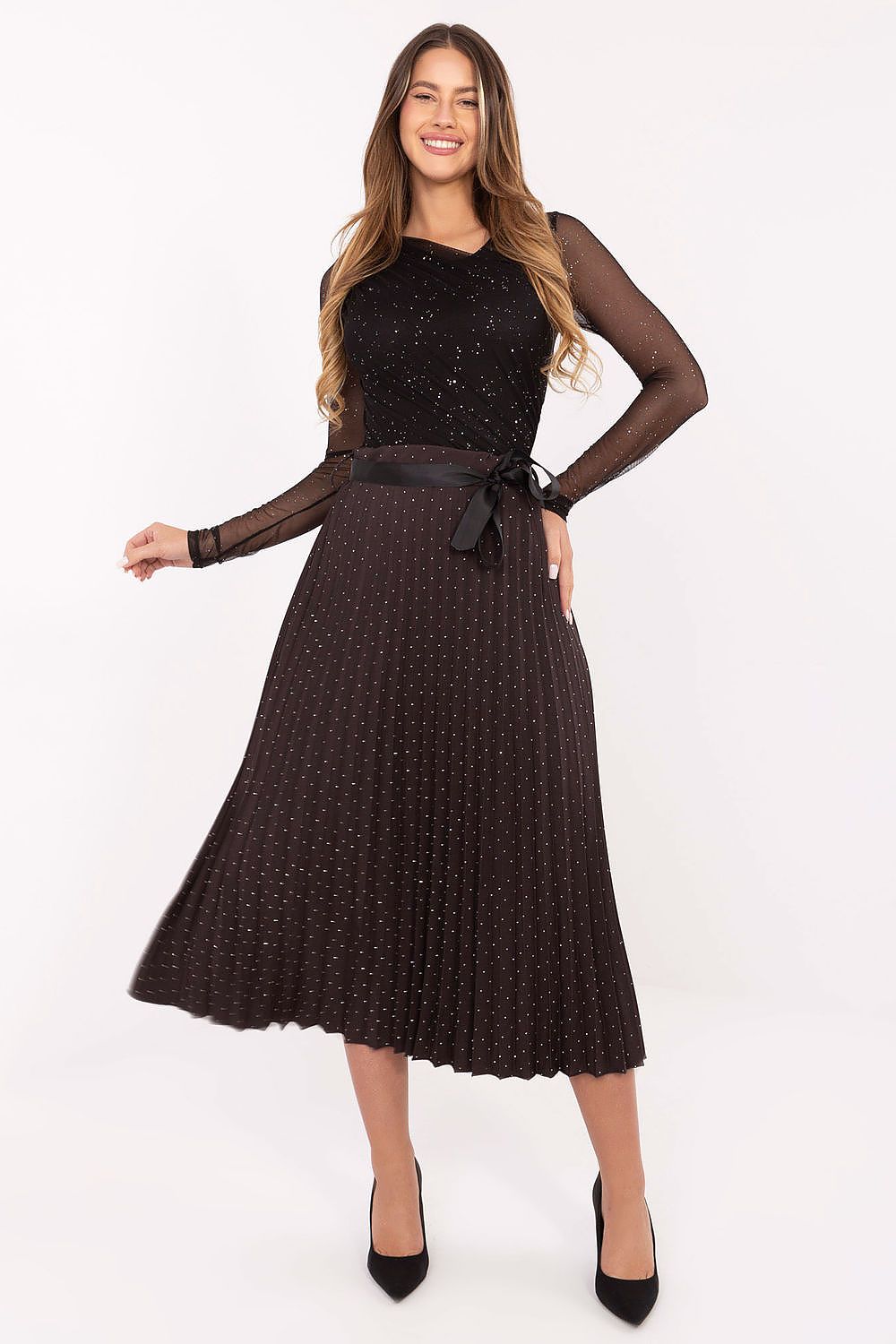 Elegant Midi Skirt with Rhinestones and Sash Belt by Rue Paris, showcasing luxurious pleated design and shimmering details, ideal for classy formal occasions.