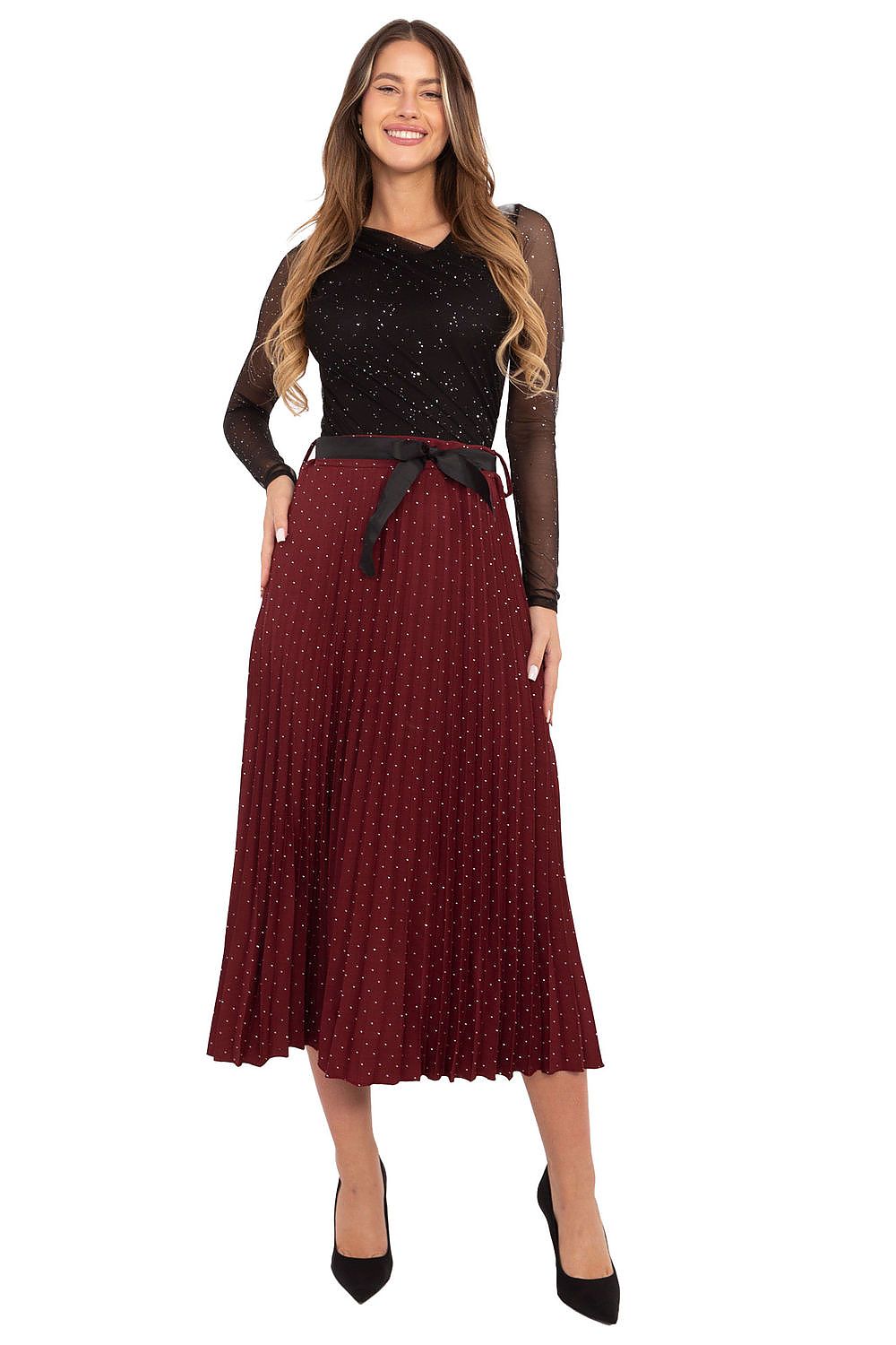 Elegant pleated midi skirt with rhinestones by Rue Paris, showcasing a stylish sash belt, perfect for formal occasions.