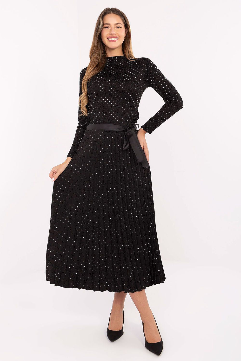Elegant rhinestone pleated midi skirt with sash belt from Rue Paris, showcasing a stylish design perfect for formal occasions.
