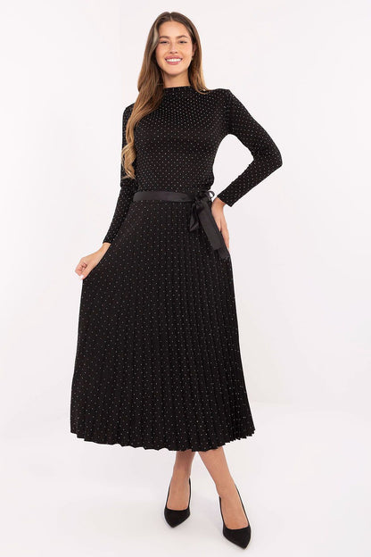 Elegant rhinestone pleated midi skirt with sash belt from Rue Paris, showcasing a stylish design perfect for formal occasions.
