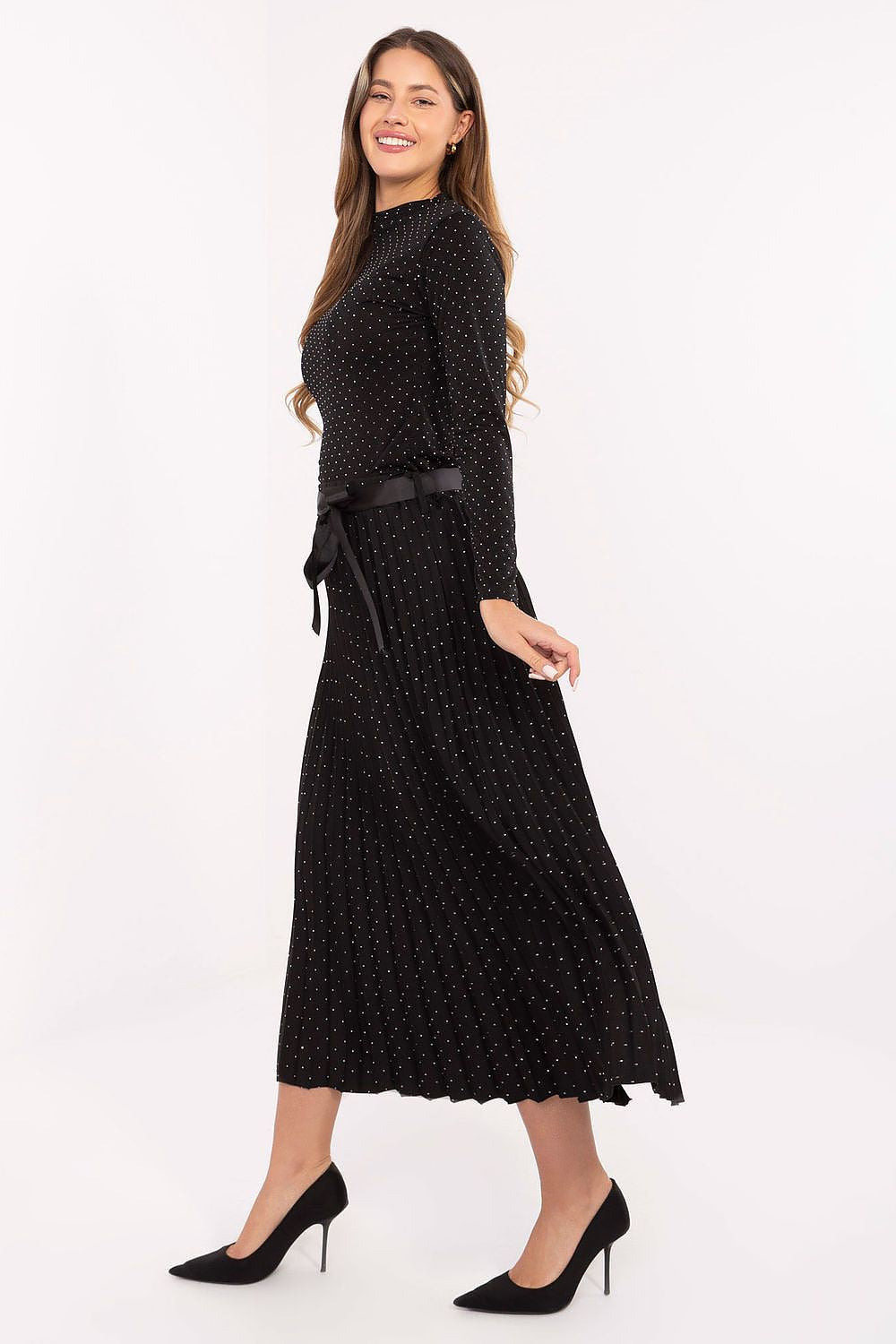 Close-up detail of Rue Paris pleated midi skirt, highlighting the shimmering rhinestones and quality fabric for a sophisticated look.