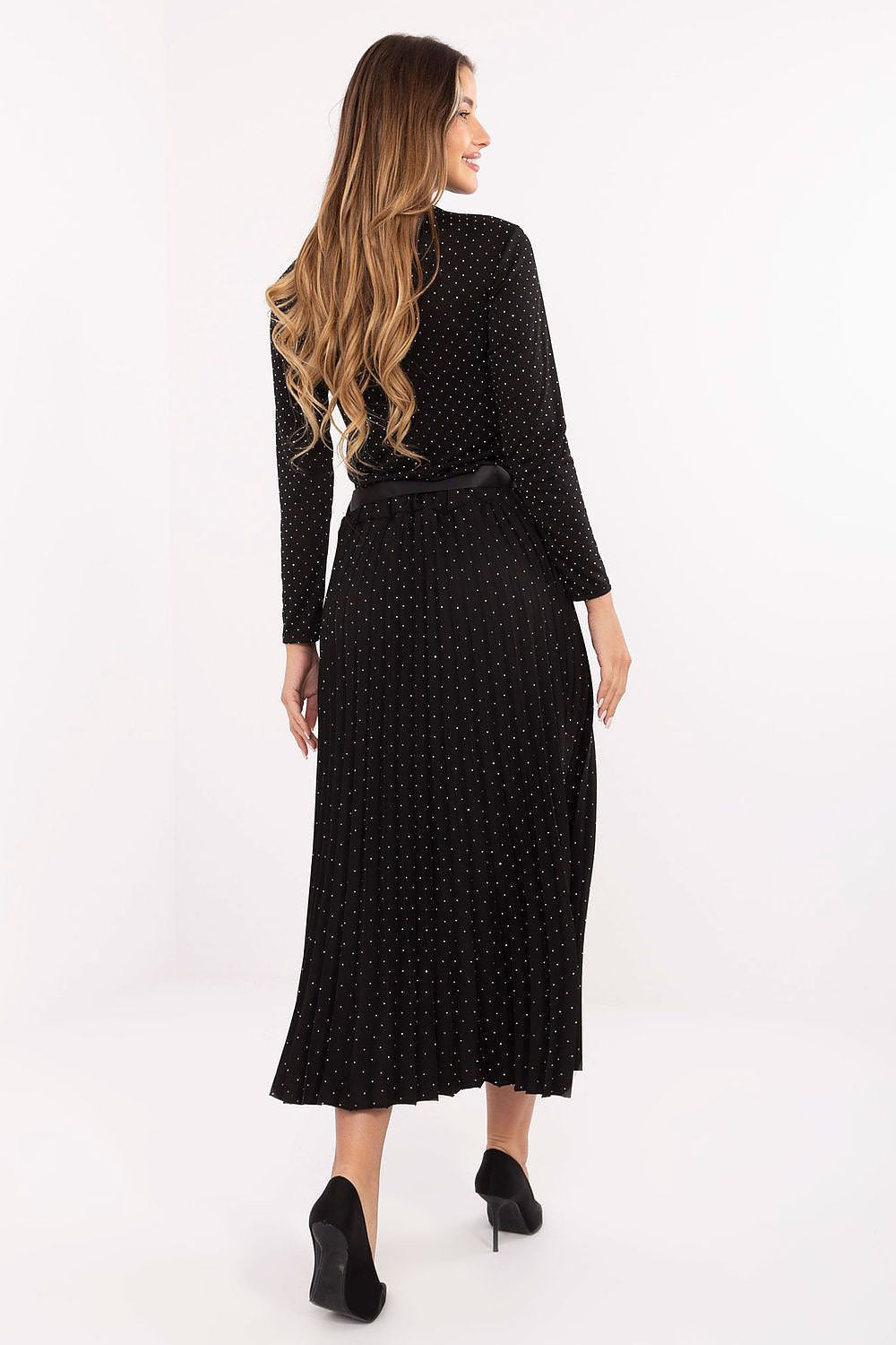 Elegant rhinestone pleated midi skirt by Rue Paris with a sash belt, showcasing luxurious fabric and intricate details for a stylish look.