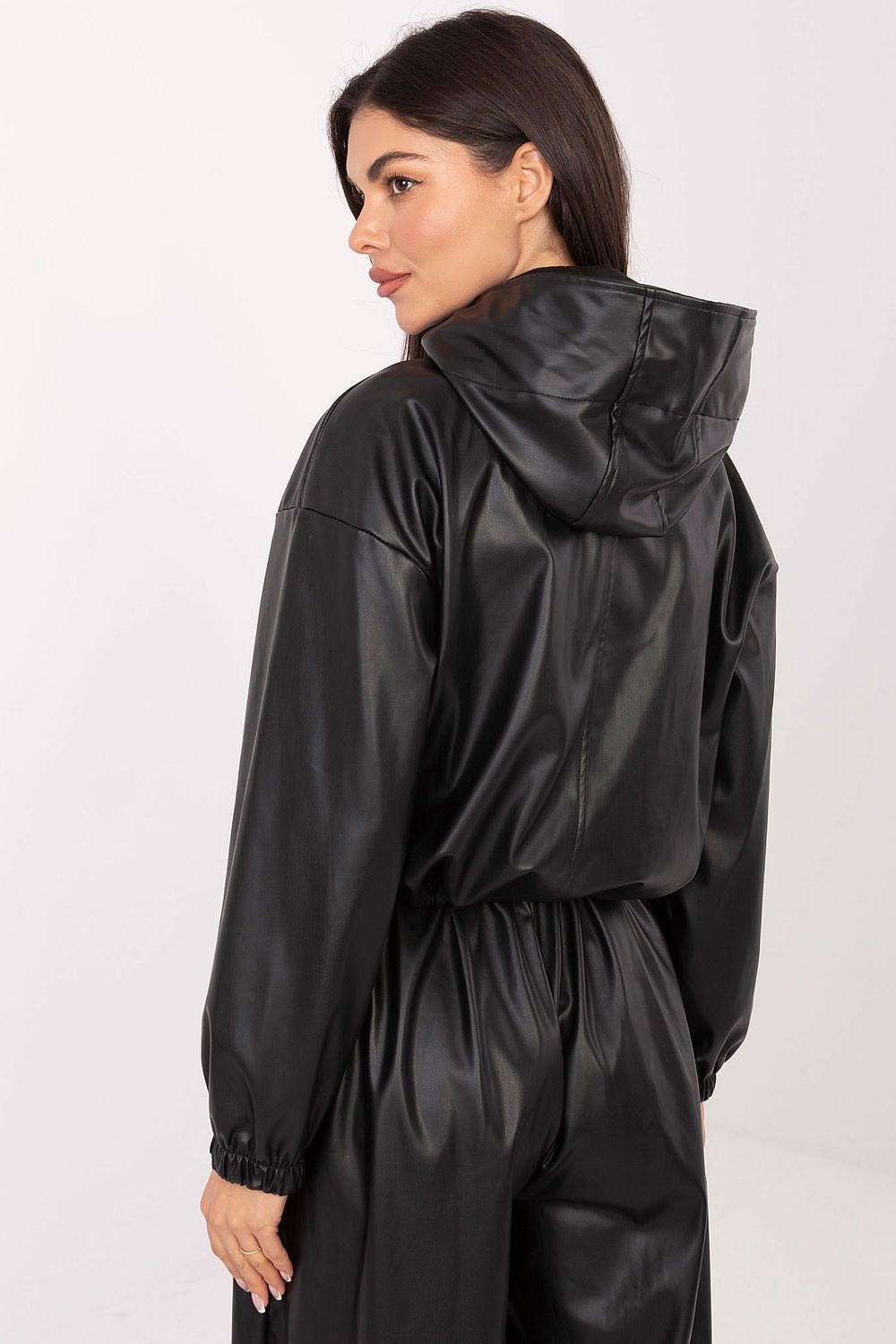 Fashion-forward eco-leather jacket by Rue Paris, showcasing versatility for casual styling with jeans or dresses, perfect for any occasion.