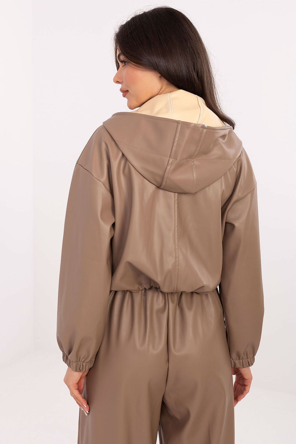 Luxurious stylish short eco-leather jacket for women by Rue Paris, perfect for autumn-winter-spring, showcasing detailed flaps and a sleek design, ideal for casual outfits.