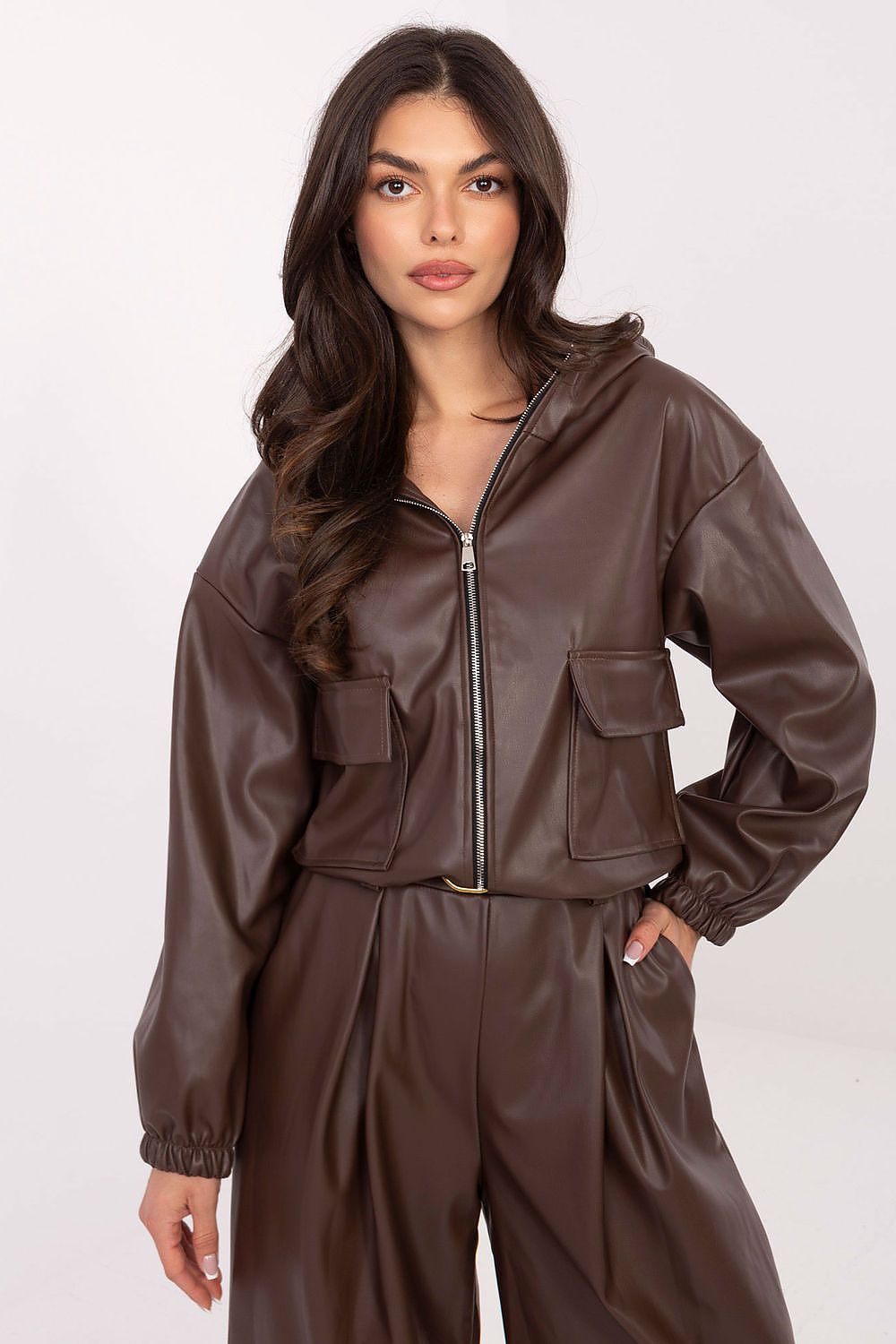 Luxurious eco-leather women's jacket by Rue Paris, featuring stylish zip fastening and thermal comfort, perfect for autumn-winter-spring fashion.