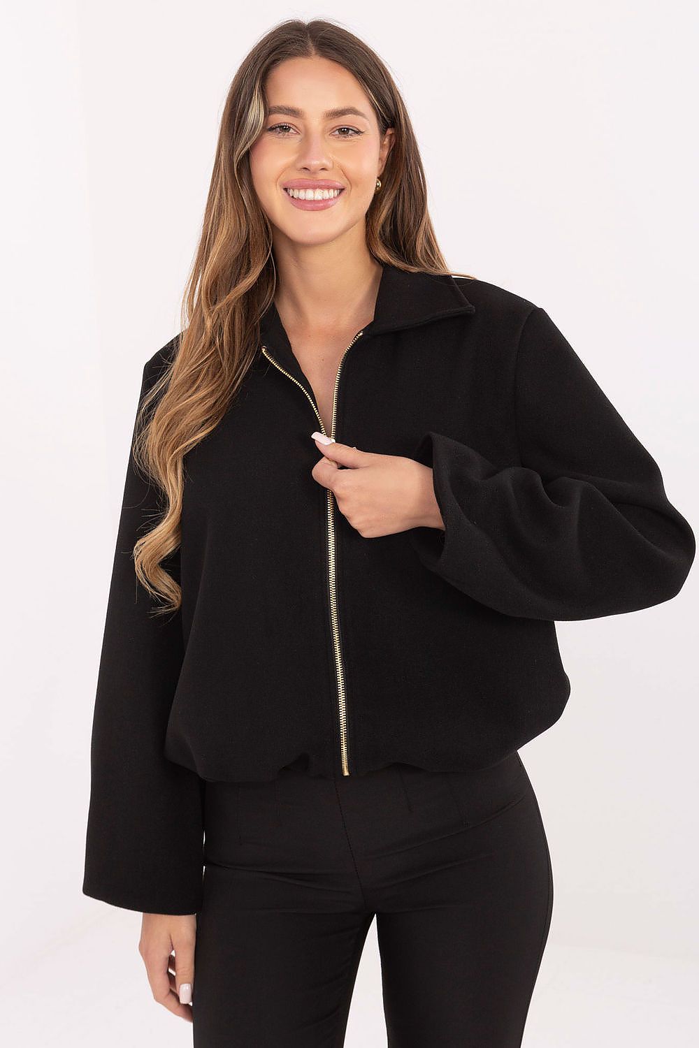 Elegant and stylish rue Paris balloon cut polyester jacket featuring long sleeves and a practical zipper closure, perfect for autumn-winter-spring transitions.