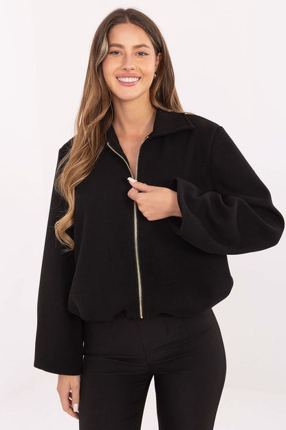 Elegant and stylish rue Paris balloon cut polyester jacket featuring long sleeves and a practical zipper closure, perfect for autumn-winter-spring transitions.