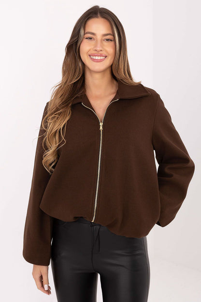 Elegant stylish polyester transitional jacket from Rue Paris featuring a balloon cut, perfect for autumn-winter-spring fashion with a chic zip closure.