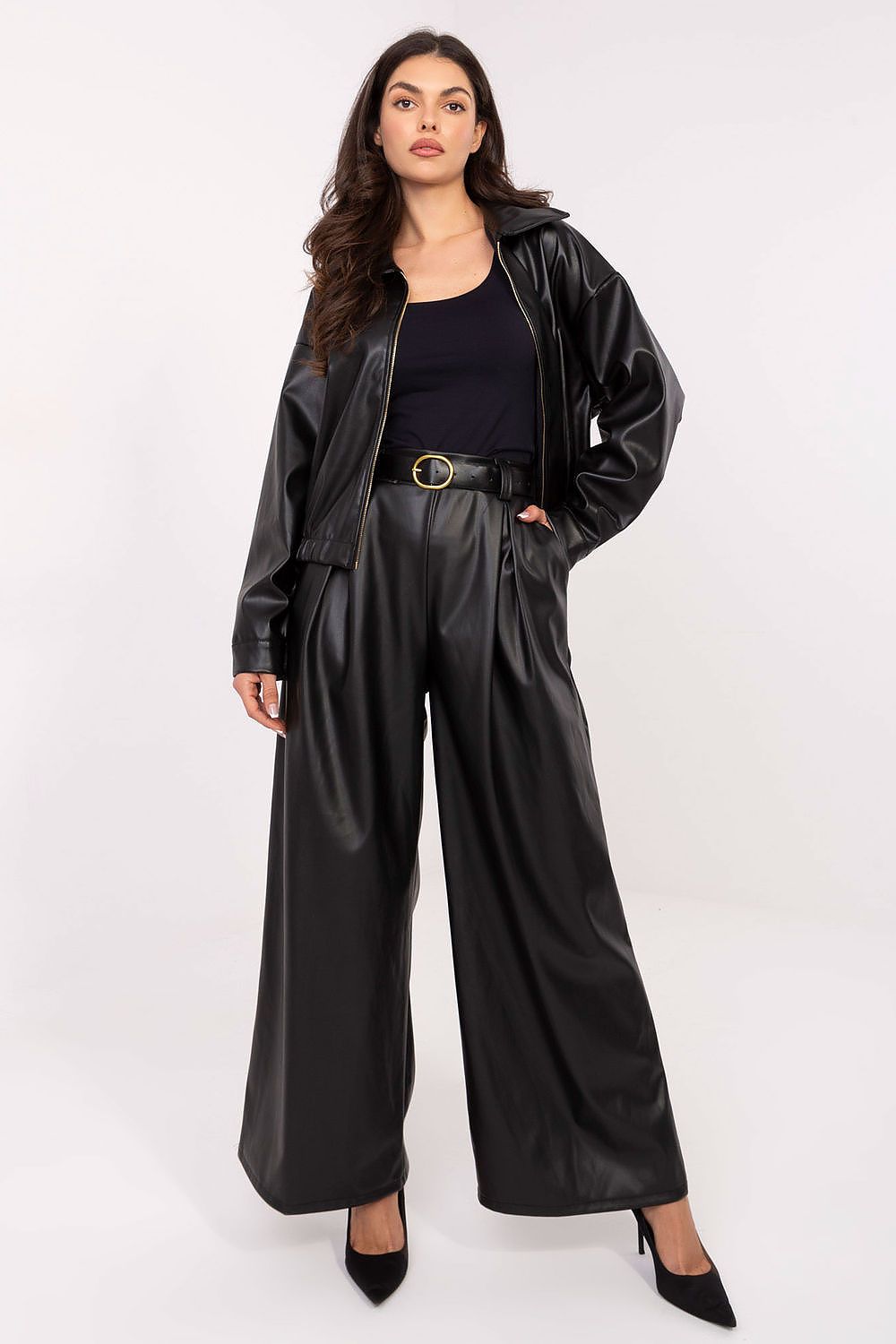 Elegant high-waisted eco-leather palazzo trousers for women from Rue Paris, showcasing a stylish design with wide legs and a comfortable fit, perfect for casual and work attire.