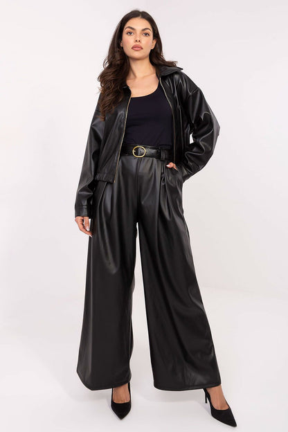 Elegant high-waisted eco-leather palazzo trousers for women from Rue Paris, showcasing a stylish design with wide legs and a comfortable fit, perfect for casual and work attire.