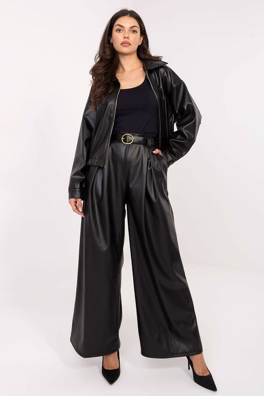 Elegant high-waisted eco-leather palazzo trousers for women from Rue Paris, showcasing a stylish design with wide legs and a comfortable fit, perfect for casual and work attire.