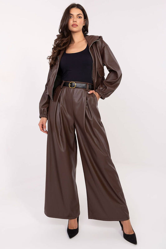 Elegant eco-leather palazzo pants for women by Rue Paris, featuring a high waist and wide legs, perfect for a sophisticated look.
