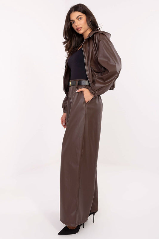 Stylish high-waisted wide-leg palazzo pants made from eco-leather by Rue Paris, designed to emphasize a woman's silhouette.