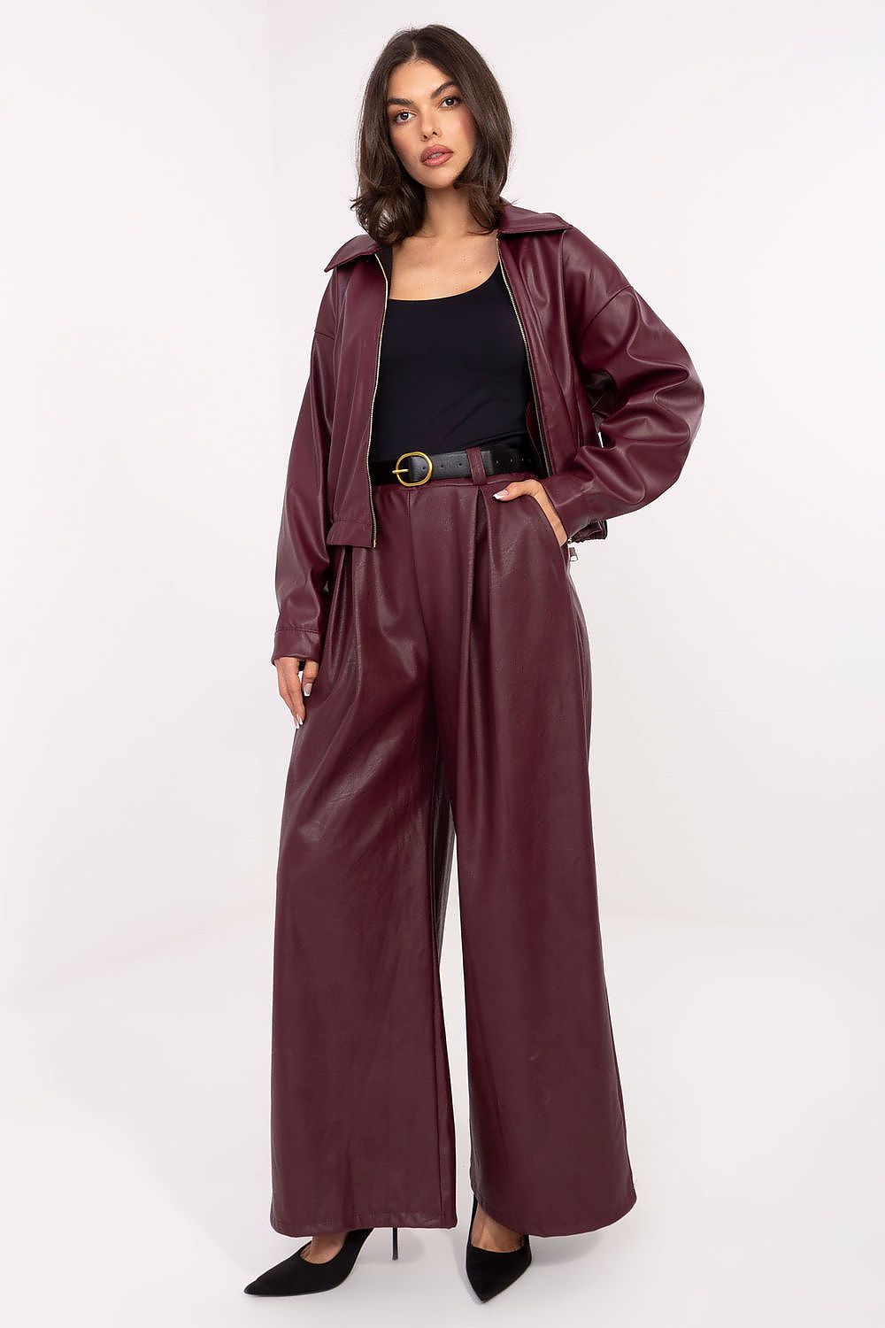 Stylish eco-leather palazzo pants for women by Rue Paris featuring a high waist and wide-leg design, accentuating sophistication and comfort.