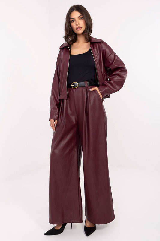 Stylish eco-leather palazzo pants for women by Rue Paris featuring a high waist and wide-leg design, accentuating sophistication and comfort.