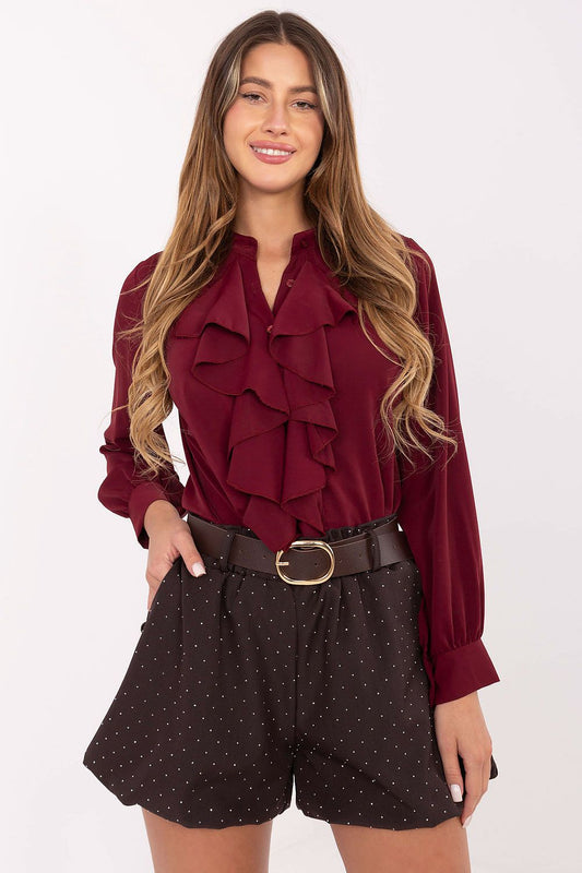 Elegant high-waisted women's shorts with a wide leg design, featuring pockets and shiny accents by Rue Paris, exemplifying luxury and style.