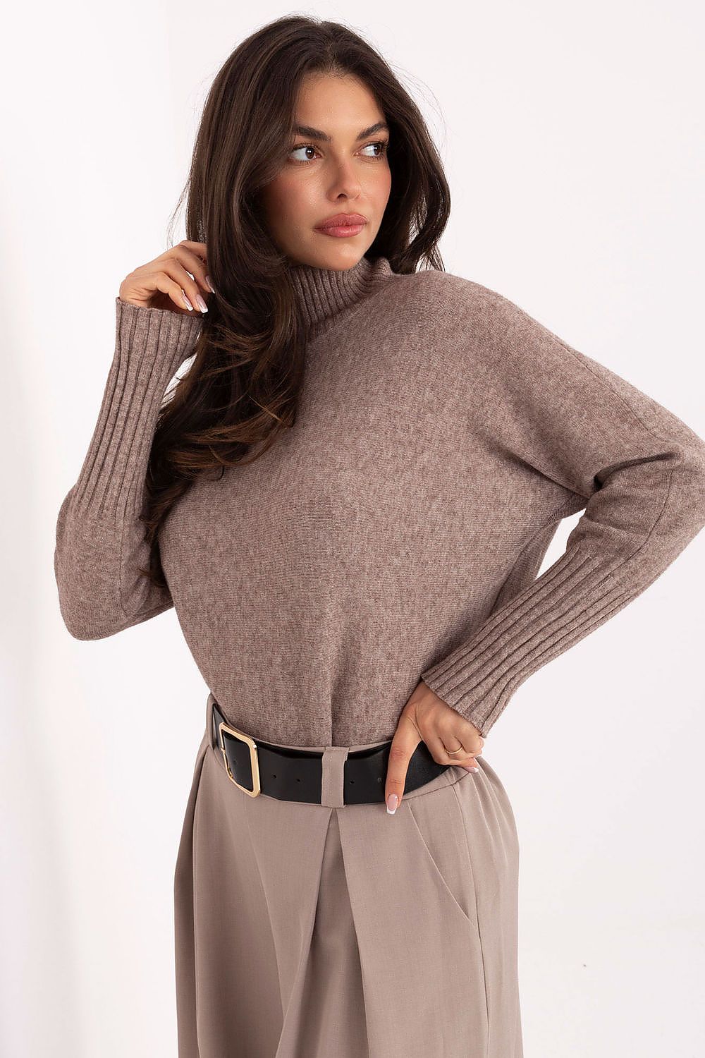 Close-up of Rue Paris luxurious turtleneck sweater, highlighting the smooth texture and high-quality viscose blend material, ideal for comfortable all-day wear.