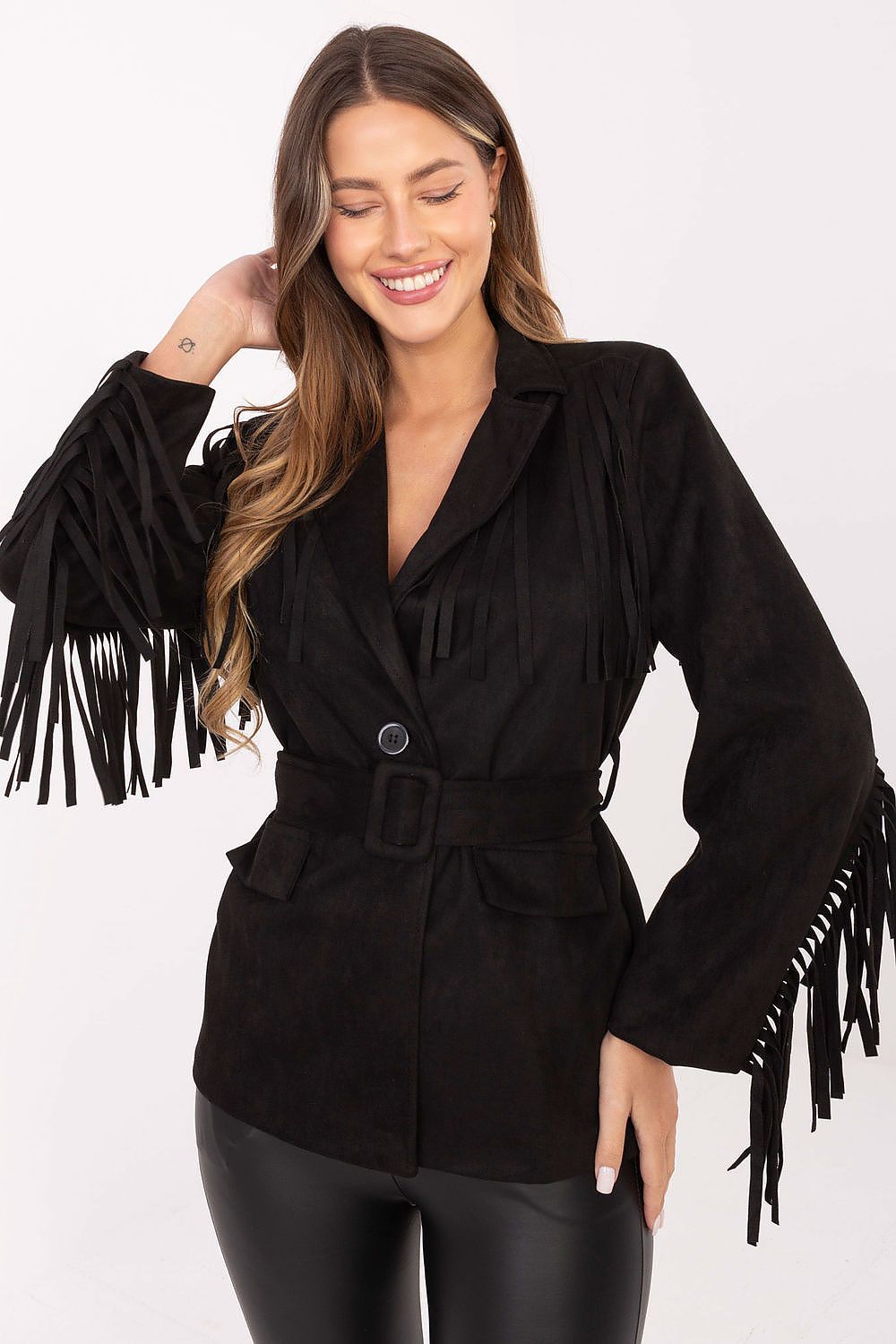 Elegant Rue Paris suede blazer featuring fringes, shoulder pads, and a belt, perfect for stylish casual wear in EU Size 0.
