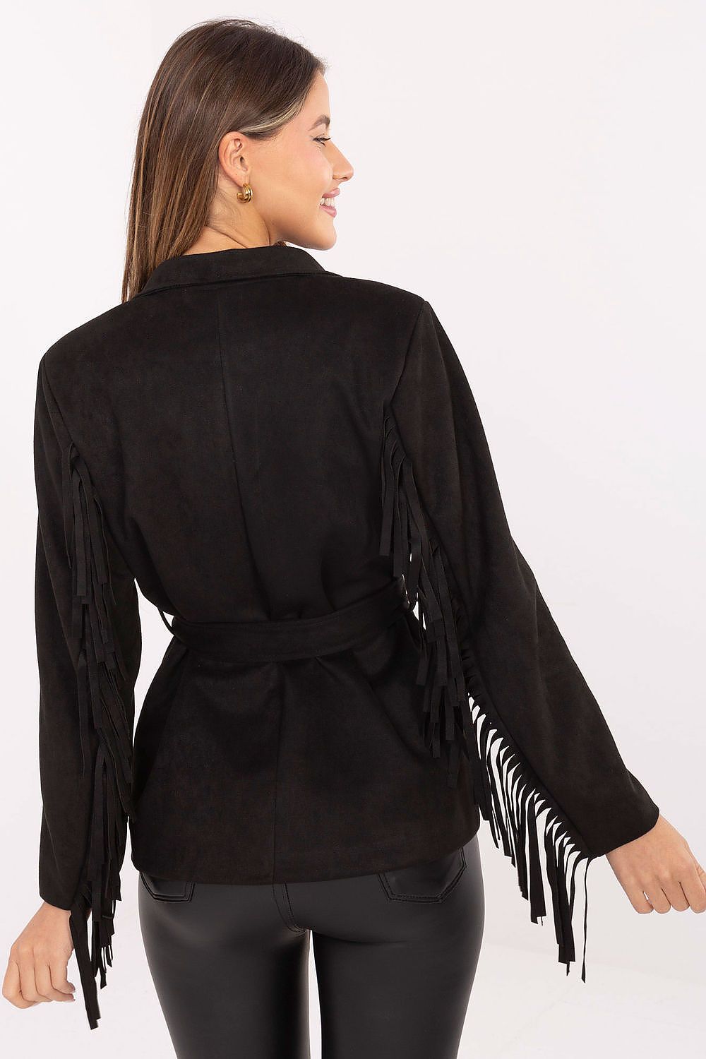 Elegant stylish suede blazer with fringes, shoulder pads, and belt, designed for casual chic wear by Rue Paris, showcasing premium quality and unique flair.