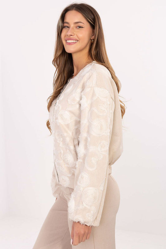 Elegant women's bomber jacket by Rue Paris featuring a floral texture, size EU 0, perfect for casual comfort in autumn and winter.