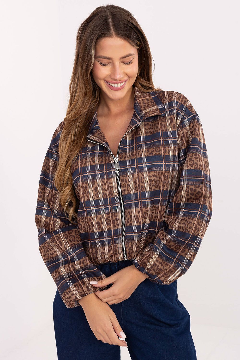 Elegant Rue Paris women's animal print and checkered jacket, showcasing a luxurious blend of styles, ideal for chic urban outfits.