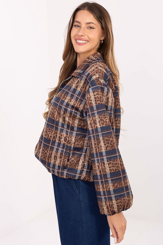 Stylish Rue Paris jacket featuring long sleeves, zipper closure, and a sophisticated animal and checkered pattern, perfect for modern casual wear.