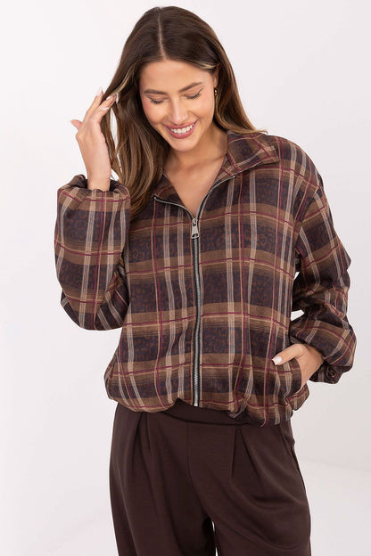 Elegant women's casual jacket by Rue Paris featuring a stylish mix of animal print and check pattern, ideal for versatile urban fashion.