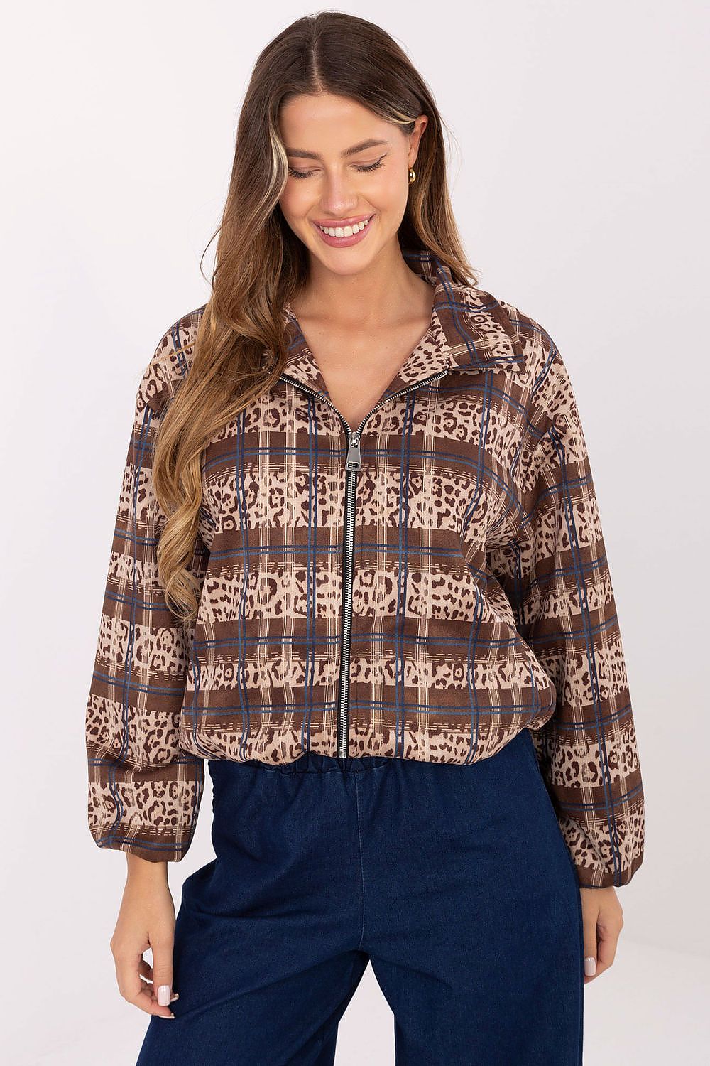 Elegant women's jacket by Rue Paris featuring a luxurious blend of animal print and check pattern, crafted from high-quality polyester for ultimate comfort.