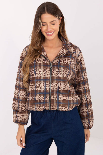 Elegant women's jacket by Rue Paris featuring a luxurious blend of animal print and check pattern, crafted from high-quality polyester for ultimate comfort.