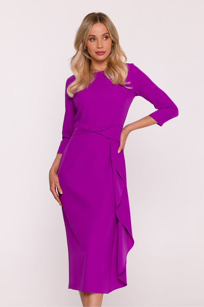 Stylove elegant frill cocktail dress featuring 3/4 sleeves and high slit, perfect for formal occasions.