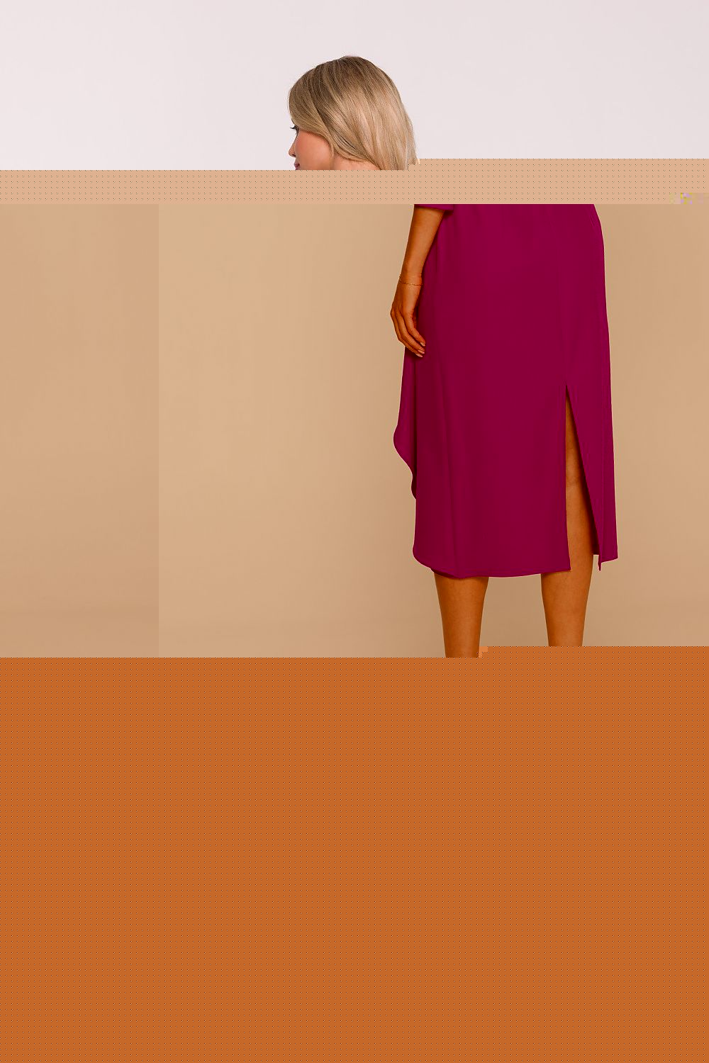 Stylove elegant cocktail dress styled for a chic evening look, highlighting the flattering silhouette and frill detail.