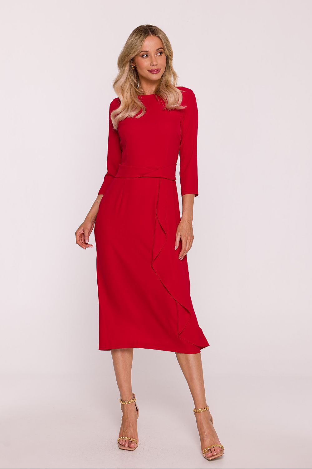 Stylish Elegant Frill Cocktail Dress by Stylove featuring a high slit and 3/4 sleeves, ideal for sophisticated occasions.