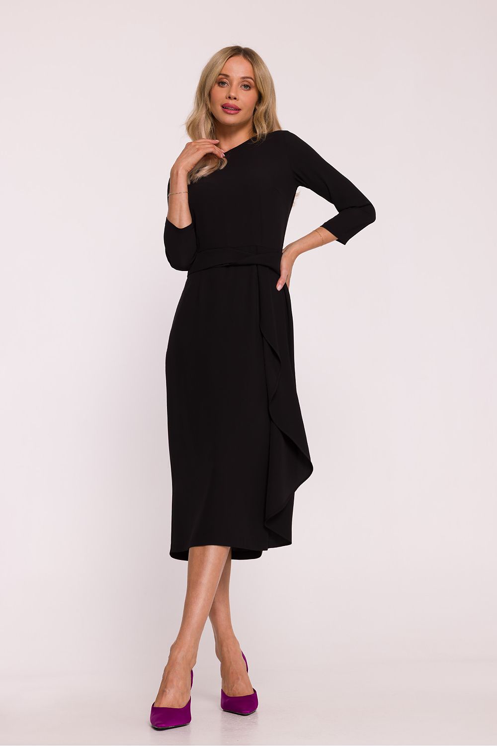 Back view of the Elegant Frill Cocktail Dress by Stylove showcasing the high slit and covered zipper for an elegant finish.