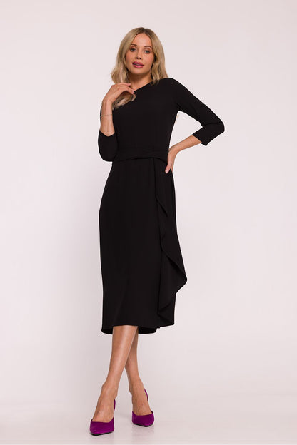 Back view of the Elegant Frill Cocktail Dress by Stylove showcasing the high slit and covered zipper for an elegant finish.