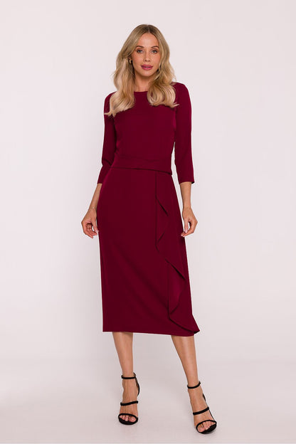 Sophisticated close-up view of the Elegant Frill Cocktail Dress by Stylove showcasing the smooth fabric and decorative frill detail.