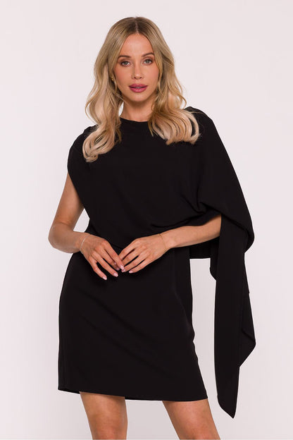Stylove Elegant Cocktail Dress with Cape showcasing a round neckline and asymmetrical cape design, ideal for sophisticated evening attire.