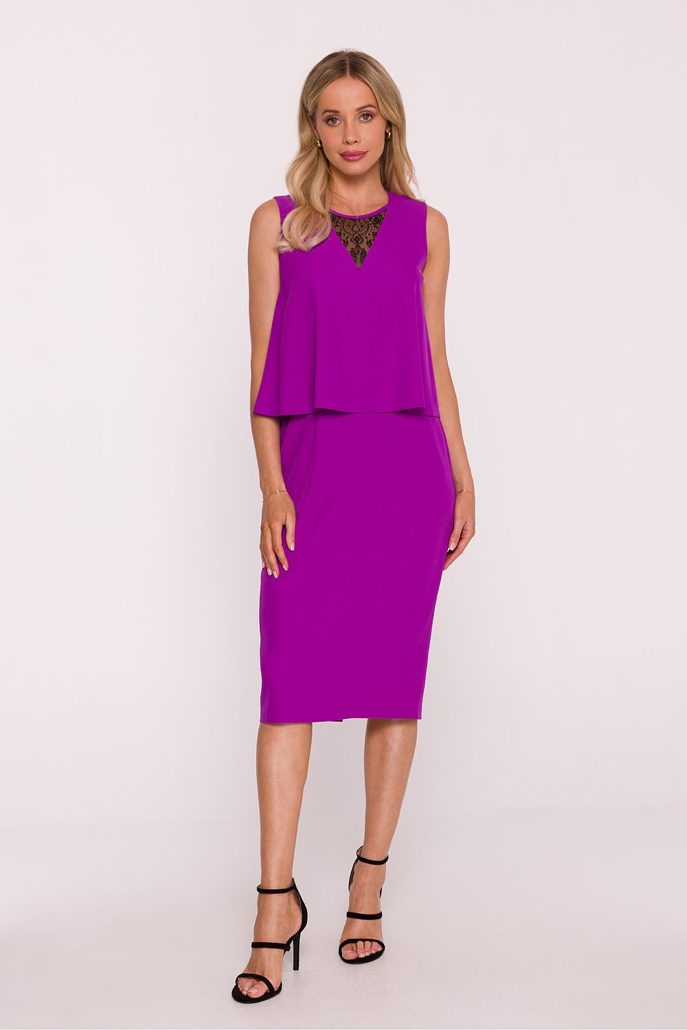 Stylove Elegant Two-Layer V-Neck Pencil Dress with Lace Insert in a soft fabric, showcasing a fitted silhouette, perfect for sophisticated occasions.