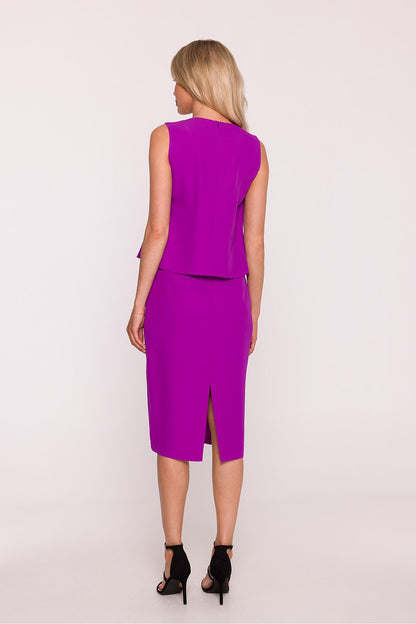 Back view of the Stylove Elegant Two-Layer V-Neck Pencil Dress, featuring hidden zippers and a graceful slit for understated elegance.