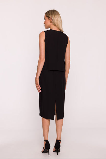 Elegant back view of Stylove's two-layer pencil dress featuring concealed zippers, combining style and practicality in luxury fashion.