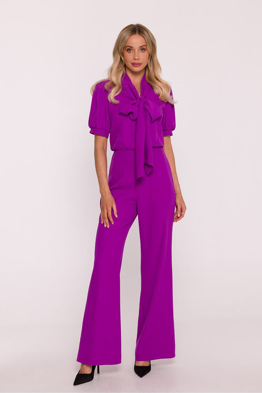 Stylish Elegant Women's Suit by Stylove featuring a V-Neck, sophisticated tie detail, and wide trousers - perfect for chic occasions.