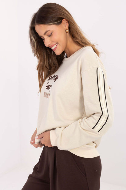 Relevance oversized women's sweatshirt in EU size 0, showcasing its chic and modern design with embroidered details and sporty stripes, crafted from a soft cotton-polyester blend for an elevated everyday look.