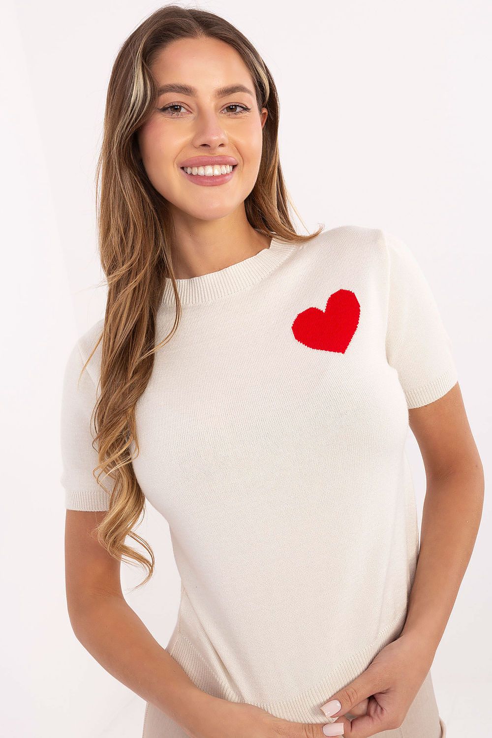 Elegant women's short sleeve sweater featuring a heart print, crafted from a luxurious viscose blend by Factory Price, perfect for stylish everyday wear.