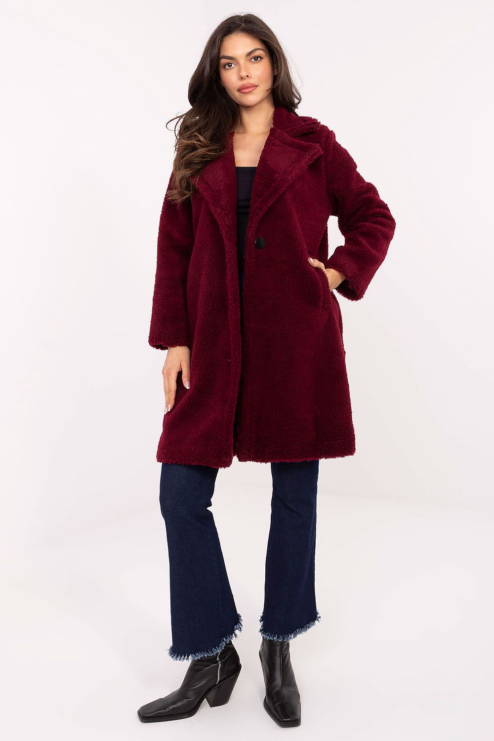 Elegant women's knee-length coat made from artificial lamb, styled for casual comfort, by Factory Price, showcasing a sophisticated collar.