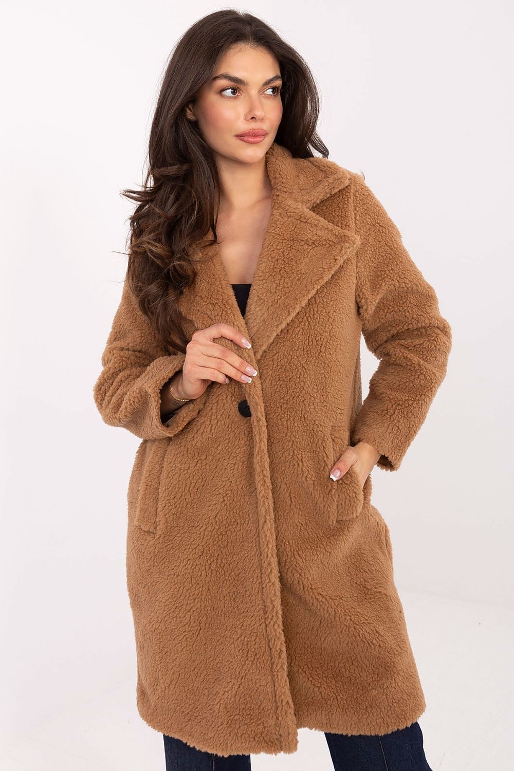 Soft polyester fabric texture of the elegant knee-length women's coat from Factory Price, perfect for layering with sweaters on colder days.